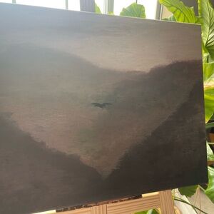 Handpainted Black Bird in the Mountains Acrylic Canvas Painting